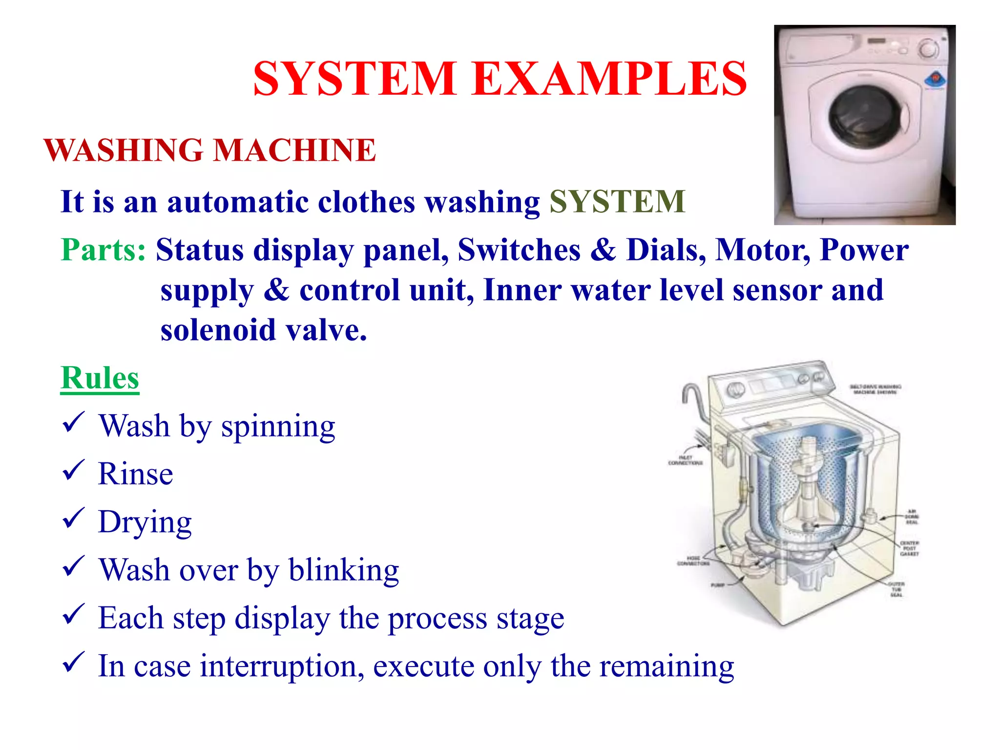 SYSTEM EXAMPLES
It is an automatic clothes washing SYSTEM
Parts: Status display panel, Switches & Dials, Motor, Power
supply & control unit, Inner water level sensor and
solenoid valve.
Rules
 Wash by spinning
 Rinse
 Drying
 Wash over by blinking
 Each step display the process stage
 In case interruption, execute only the remaining
WASHING MACHINE
 