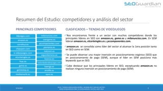 Resumen del Estudio: competidores y análisis del sector 
PRINCIPALES COMPETIDORES 
CLASIFICADOS – TIENDAS DE VIDEOJUEGOS 
Nos encontramos frente a un sector con muchos competidores donde los principales líderes en SEO son amazon.es, game.es y milanuncios.com. En SEM lideran amazon.es, elcorteingles.es y pccomponentes.com. 
amazon.es se consolida como líder del sector al alcanzar la 1era posición tanto en SEO como en SEM. 
Se puede observar una mayor inversión en posicionamiento orgánico (SEO) que en posicionamiento de pago (SEM), aunque el líder en SEM posiciona más keywords que en SEO. 
Cabe destacar que los principales líderes en SEO, exceptuando amazon.es no realizan ninguna inversión en posicionamiento de pago (SEM). 
5 
9/16/2014 
ES131- TIENDAS VIDEOJUEGOS ESPAÑA | INFORME SEO Y SEM DEL SECTOR | WWW.SEOGUARDIAN.COM | (C) SEOGUARDIAN | DATOS A AGST-2014 
3djuegos.com 
amazon.es 
carrefour.es 
chipspain.com 
e-videojuegos.com 
elcorteingles.es 
fnac.es 
game.es 
gamestop.es 
mediamarkt.es 
milanuncios.com 
overgame.es 
pccomponentes.com 
pixmania.es 
redcoon.es 
segundamano.es 
toysrus.es 
tutiendadevideojuegos.com 
twenga.es 
xtralife.es 
zavvi.es  