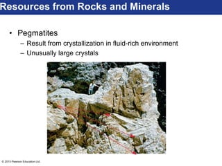 © 2015 Pearson Education Ltd.
Resources from Rocks and Minerals
• Pegmatites
– Result from crystallization in fluid-rich environment
– Unusually large crystals
 