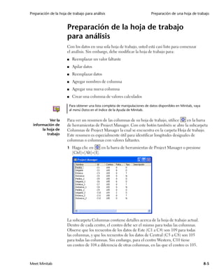 Preparación de la hoja de trabajo para análisis                                  Preparación de una hoja de trabajo


                       Preparación de la hoja de trabajo
                       para análisis
                       Con los datos en una sola hoja de trabajo, usted está casi listo para comenzar
                       el análisis. Sin embargo, debe modificar la hoja de trabajo para:
                       ■    Reemplazar un valor faltante
                       ■    Apilar datos
                       ■    Reemplazar datos
                       ■    Agregar nombres de columna
                       ■    Agregar una nueva columna
                       ■    Crear una columna de valores calculados

                           Para obtener una lista completa de manipulaciones de datos disponibles en Minitab, vaya
                           al menú Datos en el índice de la Ayuda de Minitab.


            Ver la     Para ver un resumen de las columnas de su hoja de trabajo, utilice     en la barra
  información de       de herramientas de Project Manager. Con este botón también se abre la subcarpeta
       la hoja de      Columnas de Project Manager la cual se encuentra en la carpeta Hoja de trabajo.
          trabajo      Este resumen es especialmente útil para identificar longitudes desiguales de
                       columnas o columnas con valores faltantes.
                       1 Haga clic en           en la barra de herramientas de Project Manager o presione
                            [Ctrl]+[Alt]+[I].




                       La subcarpeta Columnas contiene detalles acerca de la hoja de trabajo actual.
                       Dentro de cada centro, el conteo debe ser el mismo para todas las columnas.
                       Observe que los recuentos de los datos de Este (C1 a C4) son 109 para todas
                       las columnas, y que los recuentos de los datos de Central (C5 a C8) son 105
                       para todas las columnas. Sin embargo, para el centro Western, C10 tiene
                       un conteo de 104 a diferencia de otras columnas, en las que el conteo es 105.



Meet Minitab                                                                                                         8-5
 