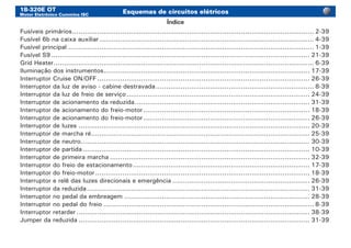 18-320E OT
Motor Eletrônico Cummins ISC
Esquemas de circuitos elétricos
Fusíveis primários..................................................................................................................... 2-39
Fusível 6b na caixa auxiliar........................................................................................................ 4-39
Fusível principal....................................................................................................................... 1-39
Fusível S9............................................................................................................................. 21-39
Grid Heater.............................................................................................................................. 6-39
Iluminação dos instrumentos.................................................................................................... 17-39
Interruptor Cruise ON/OFF....................................................................................................... 26-39
Interruptor da luz de aviso - cabine destravada............................................................................. 8-39
Interruptor da luz de freio de serviço......................................................................................... 24-39
Interruptor de acionamento da reduzida..................................................................................... 31-39
Interruptor de acionamento do freio-motor................................................................................. 18-39
Interruptor de acionamento do freio-motor................................................................................. 26-39
Interruptor de luzes................................................................................................................ 20-39
Interruptor de marcha ré.......................................................................................................... 25-39
Interruptor de neutro............................................................................................................... 30-39
Interruptor de partida.............................................................................................................. 10-39
Interruptor de primeira marcha................................................................................................. 32-39
Interruptor do freio de estacionamento...................................................................................... 17-39
Interruptor do freio-motor........................................................................................................ 18-39
Interruptor e relê das luzes direcionais e emergência................................................................... 26-39
Interruptor da reduzida............................................................................................................ 31-39
Interruptor no pedal da embreagem.......................................................................................... 28-39
Interruptor no pedal do freio...................................................................................................... 8-39
Interruptor retarder................................................................................................................. 38-39
Jumper da reduzida................................................................................................................ 31-39
Índice
 