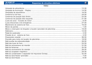 18-320E OT
Motor Eletrônico Cummins ISC
Esquemas de circuitos elétricos
Lâmpada de advertência.......................................................................................................... 12-39
Lâmpada de iluminação – Display............................................................................................. 14-39
Lâmpadas de advertência........................................................................................................ 16-39
Lanterna luz de freio............................................................................................................... 24-39
Lanternas de posição lado direito.............................................................................................. 22-39
Lanternas de posição lado esquerdo.......................................................................................... 21-39
Luzes de aviso - funções do motor............................................................................................. 6-39
Luzes direcionais e de emergência............................................................................................ 27-39
Manômetro do sistema de freio................................................................................................ 16-39
Motor de partida...................................................................................................................... 1-39
Motor e interruptor do limpador e lavador (previsão) do pára-brisa................................................ 19-39
Odômetro.............................................................................................................................. 14-39
Pedal do acelerador.................................................................................................................. 4-39
Pressão do ar - sistema de freio................................................................................................. 4-39
Pressostato retarder............................................................................................................... 38-39
Previsão para motor do lavador do pára-brisa............................................................................. 18-39
Relê auxiliar de sobrevelocidade............................................................................................... 28-39
Relê das luzes do freio............................................................................................................ 24-39
Relê de acionamento do retarder.............................................................................................. 37-39
Relê de lanternas.................................................................................................................... 20-39
Relê do acionamento do retarder.............................................................................................. 28-39
Relê do acoplador magnético................................................................................................... 29-39
Relê do condensador e separador de impurezas Consep............................................................... 32-39
Relê do Grid Heater (previsão).................................................................................................... 7-39
Relê do Grid Heater.................................................................................................................. 6-39
Índice
 