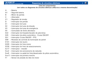 18-320E OT
Motor Eletrônico Cummins ISC
Esquemas de circuitos elétricos
A	 –	Bateria
A1	 –	Segunda bateria
B	 –	Motor de partida
C	 –	Alternador
C1	 –	Regulador de tensão
D	 –	Interruptor de partida
E1	 –	Interruptor de luzes
E2	 –	Interruptor de luzes de direção
E3	 –	Interruptor de luzes de emergência
E4	 –	Comutador de faróis alto/baixo
E22	 –	Interruptor de limpador/lavador de pára-brisa
E45	 –	Interruptor de piloto automático - Cruise ON/OFF
E51	 –	Interruptor Cruise ON/OFF - PTO
E99	 –	Reostato de controle de iluminação do painel
E101	 –	Interruptor de neutro
E205	 –	Interruptor do freio-motor
E235	 –	Interruptor do freio de estacionamento
Ex17	 –	Interruptor - retarder
Exx2	 –	Interruptor de acionamento da reduzida
Exx6	 –	Interruptor no pedal do freio/desativador do piloto automático
Exx11	–	Interruptor da primeira marcha
F1	 –	Sensor de pressão do óleo do motor
Lista de componentes
(em todos os diagramas de circuitos elétricos utiliza-se a mesma denominação)
I
 