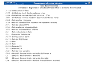 18-320E OT
Motor Eletrônico Cummins ISC
Esquemas de circuitos elétricos
J111b	–	Relê auxiliar do freio
J122	 –	Unidade de check das lâmpadas de aviso
J248	 –	Unidade de controle eletrônico do motor - ECM
J285	 –	Unidade de controle eletrônico dos instrumentos do painel
J340	 –	Relê sinal de velocidade
Jx10	 –	Relê do condensador e separador de impurezas - Consep
Jx15	 –	Relê do retarder 50%
Jx54	 –	Relê auxiliar de sobrevelocidade
Jx55	 –	Relê do acionamento do retarder
Jxx1	 –	Relê redundante do freio
Jxx2	 –	Conversor da reduzida
Jxx10	–	Computador de bordo
Jxx15	–	Relê do Grid Heater
Jxx18	–	Relê
Jxx19	–	Relê
Jxx20	–	Retarder X1
Jxx22	–	Retarder X3
Jxx21	–	Relê do freio Manetim
K01b	 –	Lâmpada de advertência - restrição do filtro de ar
K1	 –	Lâmpada de advertência - farol alto
K2	 –	Lâmpada de advertência - carga do alternador
K14	 –	Lâmpada de advertência - freio de estacionamento acionado
Lista de componentes
(em todos os diagramas de circuitos elétricos utiliza-se a mesma denominação)
IV
 