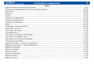 18-320E OT
Motor Eletrônico Cummins ISC
Localização de componentes
Índice
Alarme sonoro para inibição da partida........................................................................................ 7-33
Alavanca de acionamento do freio de estacionamento................................................................. 10-33
Alternador............................................................................................................................. 30-33
Baterias................................................................................................................................ 16-33
Buzina.................................................................................................................................. 15-33
Conector de diagnóstico.......................................................................................................... 22-33
Conexão das lanternas............................................................................................................ 20-33
Conexão p/ Diagnose................................................................................................................ 5-33
ECM..................................................................................................................................... 32-33
Embreagem eletromagnética.................................................................................................... 24-33
Interruptor de luzes................................................................................................................ 11-33
Interruptor de neutro............................................................................................................... 17-33
Interruptor de ré..................................................................................................................... 17-33
Interruptor no pedal da embreagem.......................................................................................... 14-33
Interruptor no pedal do freio.................................................................................................... 14-33
Interruptores na coluna de direção.............................................................................................. 9-33
Interruptores do painel............................................................................................................ 13-33
Ligação de massa - motor e transmissão................................................................................... 25-33
Módulo de partida em 1ªMarcha/Marcha ré.................................................................................. 4-33
Módulo do retarder................................................................................................................... 3-33
Motor de partida.................................................................................................................... 31-33
Partida remota....................................................................................................................... 23-33
Pedal do acelerador.................................................................................................................. 1-33
Relês e fusíveis........................................................................................................................ 2-33
Relês e fusíveis........................................................................................................................ 6-33
 