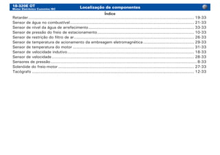 18-320E OT
Motor Eletrônico Cummins ISC
Localização de componentes
Índice
Retarder................................................................................................................................ 19-33
Sensor de água no combustível................................................................................................ 21-33
Sensor de nível da água de arrefecimento.................................................................................. 33-33
Sensor de pressão do freio de estacionamento........................................................................... 10-33
Sensor de restrição do filtro de ar............................................................................................. 26-33
Sensor de temperatura de acionamento da embreagem eletromagnética........................................ 29-33
Sensor de temperatura do motor.............................................................................................. 31-33
Sensor de velocidade indutivo.................................................................................................. 18-33
Sensor de velocidade.............................................................................................................. 28-33
Sensores de pressão................................................................................................................. 8-33
Solenóide do freio-motor......................................................................................................... 27-33
Tacógrafo............................................................................................................................. 12-33
 