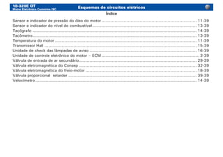 18-320E OT
Motor Eletrônico Cummins ISC
Esquemas de circuitos elétricos
Sensor e indicador de pressão do óleo do motor......................................................................... 11-39
Sensor e indicador do nível do combustível................................................................................ 13-39
Tacógrafo............................................................................................................................. 14-39
Tacômetro............................................................................................................................. 13-39
Temperatura do motor............................................................................................................ 11-39
Transmissor Hall.................................................................................................................... 15-39
Unidade de check das lâmpadas de aviso.................................................................................. 16-39
Unidade de controle eletrônico do motor – ECM........................................................................... 3-39
Válvula de entrada de ar secundário.......................................................................................... 29-39
Válvula eletromagnética do Consep.......................................................................................... 32-39
Válvula eletromagnética do freio-motor..................................................................................... 18-39
Válvula proporcional retarder.................................................................................................. 39-39
Velocímetro........................................................................................................................... 14-39
Índice
 