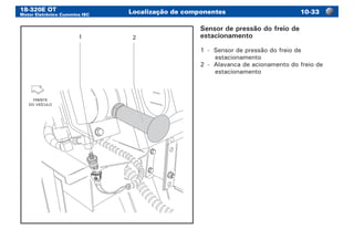 18-320E OT
Motor Eletrônico Cummins ISC
Localização de componentes 10-33
1
FRENTE
DO VEÍCULO
2
Sensor de pressão do freio de
estacionamento
1	 -	 Sensor de pressão do freio de
estacionamento
2	 -	 Alavanca de acionamento do freio de
estacionamento
 