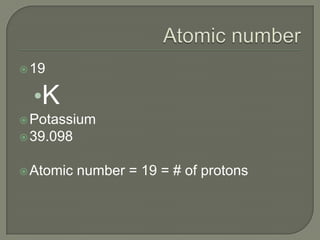 Atomic number19KPotassium39.098Atomic number = 19 = # of protons
