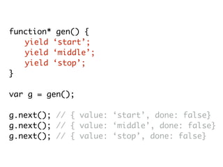 function* gen() {
yield ‘start’;
yield ‘middle’;
yield ‘stop’;
}
var g = gen();
g.next(); // { value: ‘start’, done: false}
g.next(); // { value: ‘middle’, done: false}
g.next(); // { value: ‘stop’, done: false}
 