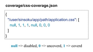 {
"/user/sinsoku/app/path/application.css": [
null, 1, 1, 1, null, 0, 0, 0
]
}
coverage/css-coverage.json
null => disabled, 0 => uncoverd, 1 => coverd
 