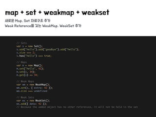 새로운 Map, Set 자료구조 추가
Weak Reference를 갖는 WeakMap, WeakSet 추가
map + set + weakmap + weakset
// Sets 
var s = new Set(); 
s.add("hello").add("goodbye").add("hello"); 
s.size === 2; 
s.has("hello") === true; 
 
// Maps 
var m = new Map(); 
m.set("hello", 42); 
m.set(s, 34); 
m.get(s) == 34; 
 
// Weak Maps 
var wm = new WeakMap(); 
wm.set(s, { extra: 42 }); 
wm.size === undefined 
 
// Weak Sets 
var ws = new WeakSet(); 
ws.add({ data: 42 }); 
// Because the added object has no other references, it will not be held in the set
 