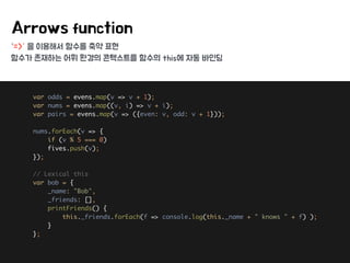 “=>” 을 이용해서 함수를 축약 표현
함수가 존재하는 어휘 환경의 콘텍스트를 함수의 this에 자동 바인딩
Arrows function
var odds = evens.map(v => v + 1); 
var nums = evens.map((v, i) => v + i); 
var pairs = evens.map(v => ({even: v, odd: v + 1})); 
 
nums.forEach(v => { 
if (v % 5 === 0) 
fives.push(v); 
}); 
 
// Lexical this 
var bob = { 
_name: "Bob", 
_friends: [], 
printFriends() { 
this._friends.forEach(f => console.log(this._name + " knows " + f) ); 
} 
};
 