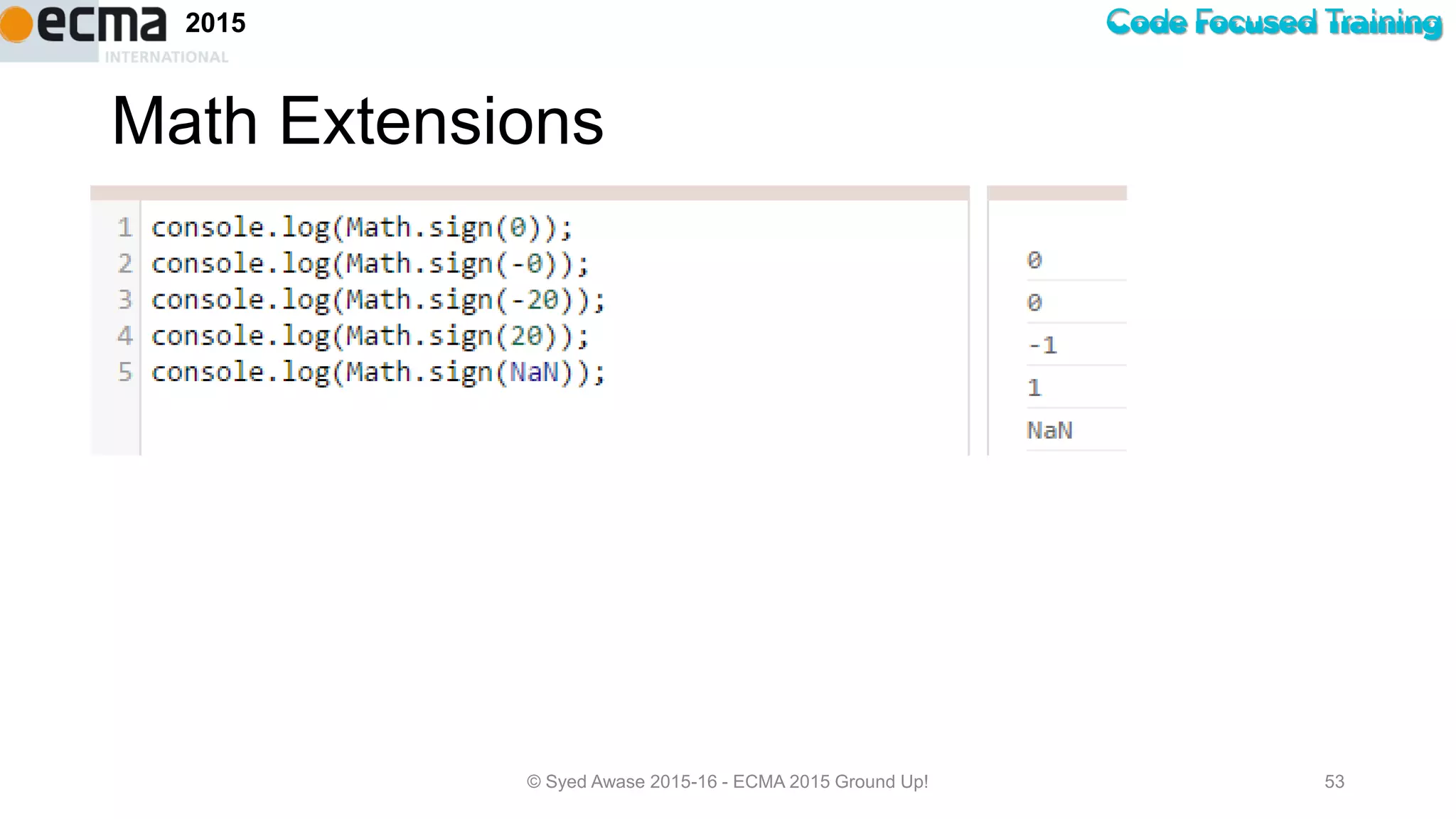 Code Focused Training2015
Math Extensions
© Syed Awase 2015-16 - ECMA 2015 Ground Up! 53
 