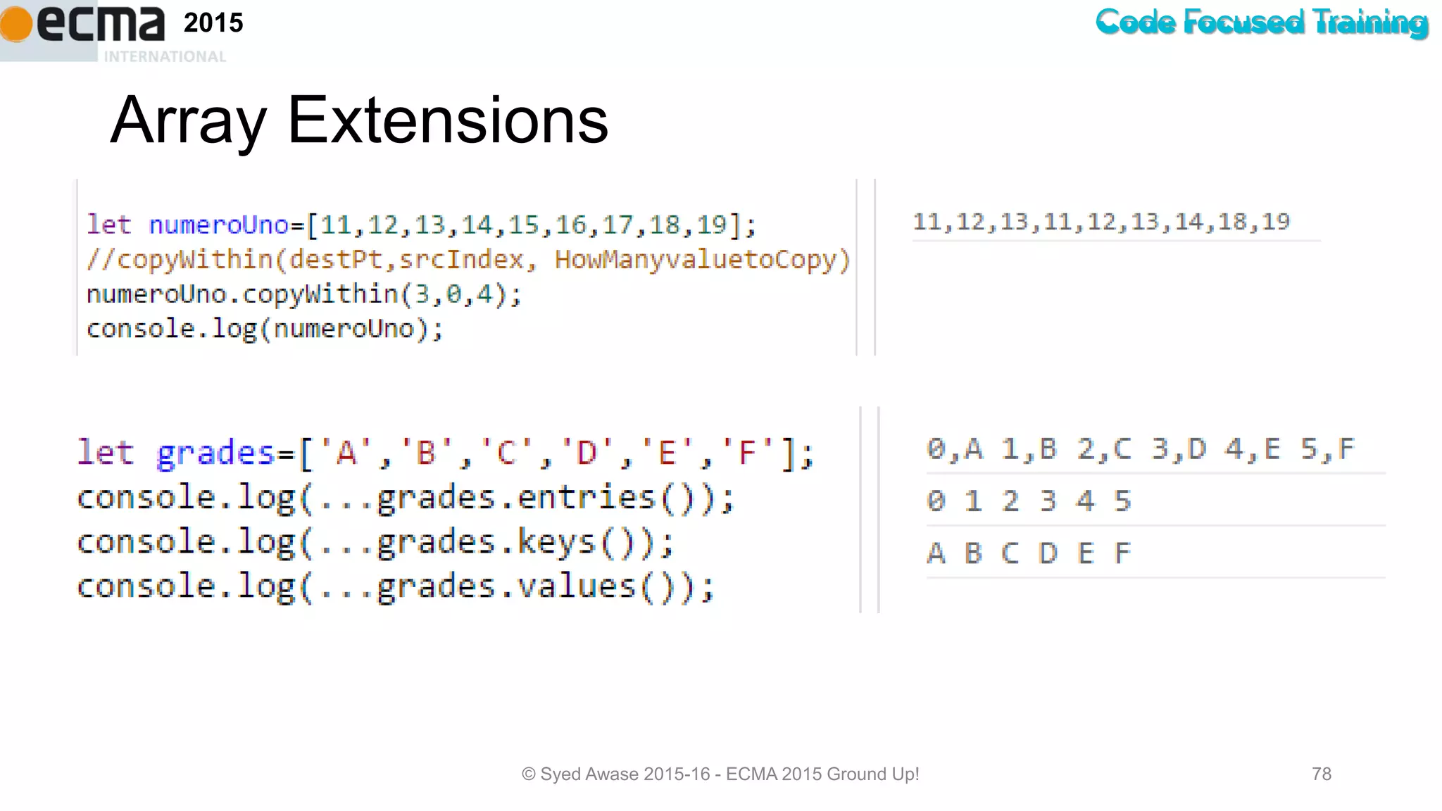 Code Focused Training2015
Array Extensions
© Syed Awase 2015-16 - ECMA 2015 Ground Up! 78
 