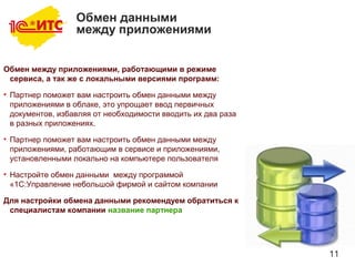 11
Обмен данными
между приложениями
Обмен между приложениями, работающими в режиме
сервиса, а так же с локальными версиями программ:
• Партнер поможет вам настроить обмен данными между
приложениями в облаке, это упрощает ввод первичных
документов, избавляя от необходимости вводить их два раза
в разных приложениях.
• Партнер поможет вам настроить обмен данными между
приложениями, работающим в сервисе и приложениями,
установленными локально на компьютере пользователя
• Настройте обмен данными между программой
«1С:Управление небольшой фирмой и сайтом компании
Для настройки обмена данными рекомендуем обратиться к
специалистам компании название партнера
 