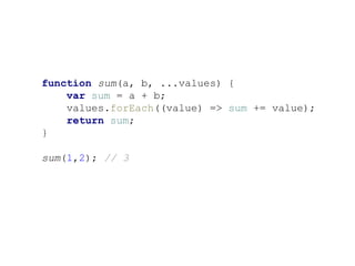 function sum(a, b, ...values) {
var sum = a + b;
values.forEach((value) => sum += value);
return sum;
}
sum(1,2); // 3
 