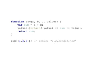 function sum(a, b, ...values) {
var sum = a + b;
values.forEach((value) => sum += value);
return sum;
}
sum([1,2,3]); // renvoi "1,2,3undefined"
 