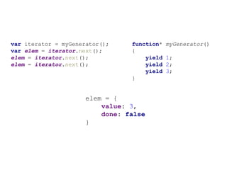 function* myGenerator()
{
yield 1;
yield 2;
yield 3;
}
var iterator = myGenerator();
var elem = iterator.next();
elem = iterator.next();
elem = iterator.next();
elem = {
value: 3,
done: false
}
 