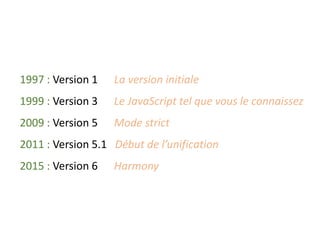 1997 : Version 1 La version initiale
1999 : Version 3 Le JavaScript tel que vous le connaissez
2009 : Version 5 Mode strict
2011 : Version 5.1 Début de l’unification
2015 : Version 6 Harmony
 