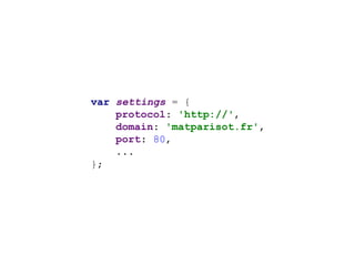 var settings = {
protocol: 'http://',
domain: 'matparisot.fr',
port: 80,
...
};
 