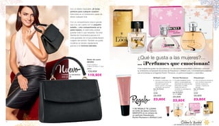 Bolso de cuero
NEGRO
Cuero auténtico
L 29cm x B 22cm x T 12cm
40112
139,90€
119,90€
Con un diseño impecable. ¡El bolso
perfecto para cualquier ocasión!
Este bolso es un todoterreno capaz de
elevar cualquier look.
Con un compartimento interior grande
que a su vez cuanta con un pequeño
bolsillo, y otro compartimento en la
parte trasera, en este bolso podrás
guardar todo lo que necesitas. Da total
libertad de movimientos gracias a la
cinta ajustable con el que podrás llevarlo
colgado del hombro. También se puede
modificar su tamaño rápidamente
gracias a los botones laterales.
Brilliant Look
• 	Atrevido e inspirador con 	
	 una explosiva mezcla de 	
	 afrutada bergamota, 	
	 azahar, jazmín y el poder 	
	 cautivador del pachulí.
Eau de Parfum
50 ml
30088
28,90€
23,80€
Rockin‘Romance
• 	El poder revitalizante de los 	
	 cítricos y la sensualidad que 	
	 desprenden las notas de rosa, 	
	 ylang-ylang y la cálida 	
	 madera de cedro, la 	
	 convierten en una fragancia 	
	 muy enérgica.
Eau de Parfum
50 ml | 30082
28,90€
23,80€
Pseudonym
• 	Una composición femenina 	
	 que contiene melocotón, 	
	 nenúfar translúcido, 	
	 violetas y madera de 	
	sándalo.
Eau de Parfum
50 ml
30383
28,90€
23,80€
Regalo
Y DE REGALO TE LLEVAS:
Un brillo de labios Colours
GRATUITO en la compra de
un perfume Pseudonym,
Rockin‘Romance o Brilliant Look
+
o
¿Qué le gusta a las mujeres?...
... ¡Perfumes que emocionan!
A las mujeres les gustan los dos extremos: La más absoluta sensualidad y feminidad, como por
ej. la femenina composición de aromas de Pseudonym y Brilliant Look, o el romanticismo pasional
que encontrarás en la fragancia Rockin‘ Romance, un perfume energético y carismático.
o
NuevoLimitado y exclusivo,
solo en LR
… con fantásticos looks para días festivos
Celebra la Navidad14 15
 