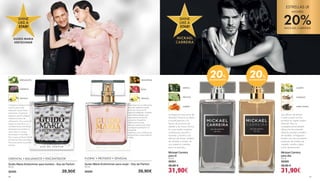 Guido Maria Kretschmer para mujer - Eau de Parfum
50 ml
30200					39,90€
ORIENTAL•BALSÁMICO•ENCANTADOR FLORAL•FRUTADO•SENSUAL
GUIDO MARIA
KRETSCHMER
TANGERINA
ROSA
Guido Maria Kretschmer para hombre - Eau de Parfum
50 ml
30220				 39,90€
SHINE
LIKE A
STAR!
MICKAEL
CARREIRA
La fragancia femenina reúne
toda la esencia del
diseñador Guido Maria
Kretschmer. Un perfume
elegante, de alta calidad,
intemporal y lleno de
sofisticación. Por su parte, la
fragancia masculina, con
acordes frescos aromáticos
de bergamota, pimienta y
cuero, tiene un carisma
encantador e irresistible.
Poco a poco el desarrollo de
las esencias finas, picantes y
frescas envuelven la piel del
hombre.
SHINE
LIKE A
STAR!
Al igual que con sus colecciones
de moda, también ha puesto
mucho de sí mismo en las
fragancias: elegantes, cuidadas
hasta el último detalle y ese
toque internacional que le
caracteriza. Un perfume
distintivo para la mujer,
delicado y seductor que reúne
una elegancia intemporal. Un
bouquet de
mandarina, rosa y vainilla que le
da al perfume un toque seductor
y cálido.
GUIDO MARIA
KRETSCHMER
BERGAMOTA
GERÂNIO
VAINILLA VAINILLA
La fragancia masculina de
Mickael Carreira se aferra
a la piel gracias a la
fuerza de las hojas de
abedul y las frutas cítricas,
Su nota media contiene
cardamomo, pachulí y
lavanda, y termina con
efluvios de vetive, madera
de sándalo y ámbar. Es
una auténtica melodia
para los sentidos.
¡Los efluvios de pimeta,
ciruela y jasmín son los
primeros en captar nuestra
atención. Pero su
verdadera personalidad
aflora con las notas de
almizcle, pachulí y madera
de sándalo. La fragancia
finaliza con una envolvente
explosión de madera de
sándalo, vainilla y haba
tonka. Apasionante!
Mickael Carreira
para ella
50 ml
30300
39,90 €
31,90€
Mickael Carreira
para él
50 ml
30301
39,90 €
31,90€
ABEDUL
PACHULÍ
AMBAR
JAZMÍN
SANDALO
HABA TONKA
ESTRELLAS LR
AHORRA
20%MICKAEL CARREIRA
20%
DE DESCUENTO
20%
DE DESCUENTO
26 27
 