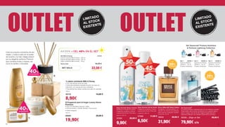 LIMITADO
AL STOCK
EXISTENTE
OUTLET
SET SOLO 22,50 €
Set Milk  Honey 27076
Crema corporal Milk  Honey · 200 ml 
Espuma de baño Milk  Honey · 250 ml
Jabón exfoliante Milk  Honey · 100 g
Suma total 44,30 €
AHORRA + DEL 45% EN EL SETCrea tus propios momentos de bie-
nestar, y cuida tu piel con el poder
de la leche y la miel. Déjate seducir
por su elegante perfume Premium
que combina frutas y nueces, así
como la vainilla y chocolate.
1| Jabón exfoliante Milk  Honey
• Con miel natural y leche de oveja
• Partículas exfoliantes naturales de polvo de hueso de
melocotón, con cascara de nuez y almendra
• Para eliminar las células muertas de la piel con suavidad
100 g
40115 14,90 €
8,90€
40%
DE DESCUENTO
1|
2|
2| Fragancia para el hogar Luxury Home
Premium
• Para una atmósfera sensual y cálida
• Perfume exótico: oriental, afrutado, frutos secos
• Diseño elegante
100 ml
30064 33,90 €
19,90€
LIMITADO
AL STOCK
EXISTENTE
OUTLET
Enjoy Summer Gel de Ducha
Fragancia acuática y fresca,
suavemente floral. Para ella
y para él. 200 ml
27056 11,90 €
6,50€
Enjoy Summer Spray corporal
Refresca e hidrata el cuerpo.
Fragancia acuática y fresca,
suavemente floral. Para ella y
para él.150 ml
27055 22,90 €
9,90€
+ DEL
50%
DE DESCUENTO
+ DEL
45%
DE DESCUENTO
Bruce Willis EdP Winter Edition
Acogedor y contemplativo. La
edición de invierno es perfecta
para usar en cualquier ocasión
nocturna. 50 ml
30044 39,90 €
31,90€
+ DEL
20%DE DESCUENTO
+
Set Swarovski®
Pulsera Alcântara
 Perfume Lightning Collection
Set Swarovski®
La pulsera limitada y diseñada para LR con brillantes cristales
Swarovski®, será el centro de atención en cualquier fiesta y
para ir a juego: Una de las tres mágicas fragancias de la
Lightning Collection con cristales Swarovski en el frasco.
30335-...Elige un Set 99,90 €
79,90€ c/u
Set 1 30335-1
Esencia Marina,
30330-4 · 50 ml
Pulsera Alcântara
Set 2 30335-2
Esencia de Rosas,
30330-5 · 50 ml
Pulsera Alcântara
o
Set 3 30335-3
Esencia de Ambar,
30330-6 · 50 ml
Pulsera Alcântara
+ o +
+ DEL
20%DE DESCUENTO
40%
DE DESCUENTO
62 63
 