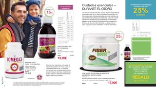 UNA DOSIS EXTRA
DE VITAMINAS
Vita Aktiv
Ingestión recomendada: 5 ml al día
150 ml
80301 23,90 €
19,90€
Ahora es muy importante: Un aporte de
vitaminas completo Vita Aktiv cubre las
necesidades básicas de 10 vitaminas
con tan solo una cucharada del producto.
Super Omega 3 contribuye a asimilar los
ácidos grasos no saturados beneficiosos
para la salud de su corazón1.
1 EPA y DHA contribuyen a la función normal del corazón. Para este fin, se necesita la ingesta de, al menos, 250 mg de EPA y DHA diario.
** En tiempos en los que los mares están sobreexplotados LR asegura que los peces que son necesarios para la producción de ácidos
grasos Omega-3 proceden exclusivamente de la pesca sostenible en el Pacífico sudamericano. El sello de calidad independiente
„Friend of the Sea“ certifica nuestro compromiso (www.friendofthesea.org).
BENEFICIOSO
PARA TU CORAZÓN
Super Omega 3 activ
Ingestión recomendada:
1 cápsula 3 veces al día
60 Cápsulas / 100,8g
80338
39,90 €
**
Certificado por:
porracióndiária
(5ml)
12 mg
1,1 mg
1,4 mg
1,4 mg
2,5 µg
10 µg
%CDR*
100%
100%
100%
100%
100%
200%Vitamina D
Vitamina E (α-TE)
Tiamina
Riboflavina
Vitamina B6
Vitamina B12
Biotina 50 µg
* cantidad de referencia para
el consumo diario (VRN)
Información
nutricional
16 mg 100%Niacina (NE)
200 µg 100%Ácido Fólico
6 mg 100%Ácido Pantoténico
100%
Información Nutricional
VITA AKTIV
Cuidados esenciales –
DURANTE EL OTOÑO
Los días son cada vez más fríos; por eso ahora es especialmente
importante contar con un óptimo suministro de nutrientes. Vita
Aktiv proporciona vitaminas adicionales para toda la familia y es
una manera simple y eficaz para fortalecer el cuerpo en el otoño.
FiberBoost3
es perfecto para complementar su alimentación,
gracias a su alto contenido en fibra alimenticia procedente de
3 fuentes de fibra alimenticia diferentes. La estevia le da un
sabor dulce (sin azúcares añadidos*** ni calorías adicionales).
VITAMINASYMINERALES
AHORRA HASTA + DEL
25%NUTRICIÓN
CON AYUDA DE LA FIBRA ALIMENTICIA
SE SENTIRÁ SUPER LIGERO
FiberBoost3
Modo de consumo recomendado: Diluya 2 cucharadas soperas rasas de
polvo, en 200 ml de leche sin lactosa, desnatada, o agua. 210 g
80630 24,90 € 17,90€
PROMOCIÓN ESPECIAL EN CATÁLOGO
DEL1 HASTA EL8 DE OCTUBRE -
¡SEMANA VITAMINA!
EN LA COMPRA
DELFIBERBOOST3
REGALO
DELVITA AKTIV
*** El cromo contribuye a mantener el nivel de
glucosa en sangre normal.
**** Contiene azúcar de origen natural.
AHORRA + DEL
15%
AHORRA + DEL
25%
NUTRICIÓ
N
+
3736
porracióndiaria
%CDR*
porracióndiaria
Absoluta
– 3,6 Fibra alimenticia (g)
108% 43 Cromo*** (μg)
 