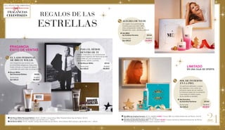 21
REGALOS DE LAS
ESTRELLAS
		 SOL DE INVIERNO
EN LA PIEL
		 Un perfume delicado y suave,
tan caliente y vivo como los
primeros rayos de sol matinal. 	
La frescura pasa por la pimienta
rosa hasta el violeta suave,
de la vainilla al sándalo.
	 	Set Karolina
		 by Karolina Kurkova	30184 	
		 Suma total 	 64,80 €
		 Set SÓLO	 49,90 €
		 ALEGRIA DE VIVIR
		 Un regalo muy particular de
		 Cristina para sus fans: MEU.
		 Una composición noble de
		 bergamota, rosa, vainilla y pachulí.
	 	Set MEU
		 by Cristina Ferreira	30144 	
		 Suma total 	 64,80 €
		 Set SÓLO	 44,90 €
LIMITADO
EN UNA CAJA DE OFERTA
	Set MEU 	by Cristina Ferreira: 30144 | 52,90 € 44,90 € | Incluye: MEU by Cristina Ferreira Eau de Parfum, 50 ml &
	 MEU by Cristina Ferreira Loción Corporal, 200 ml.
	Karolina 	by Karolina Kurkova-Set: 30184 | 52,90 € 49,90 € | Incluye: Karolina by Karolina Kurkova Eau de Parfum, 	
	50 ml & 	Karolina by Karolina Kurkova Loción Corporal, 200 ml.
Œ	Set Bruce Willis Personal Edition: 30500 | 49,90€ | Incluye: Bruce Willis Personal Edition Eau de Parfum, 50 ml &
	 Bruce Willis Personal Edition champú y gel de baño 2 en 1, 200 ml.
	Set Bruce Willis: 30143 | 49,90€ | Incluye: Bruce Willis Eau de Parfum, 50 ml & Bruce Willis champú y gel de baño 2 en 1, 200 ml.
		 PARA EL HÉROE
DENTRO DE TI		
Directo, masculino y no convencional:
La primera fragancia del héroe de acción
Bruce Willis es una composición
de pimienta, vetiver y pomelo.
		Set Bruce Willis	30143 	
		 Suma total 	 61,40 €
		 Set SÓLO	 49,90 €
		 EL LADO PERSONAL
DE BRUCE WILLIS 		
		 Una fragancia que emana una
inconfundible elegancia masculina:
frutas cítricas, un toque de tabaco
y acordes de cuero dan su propia firma.
	 Œ	Bruce Willis
		 Set Personal Edition	30500 	
		 Suma total	 61,40 €
		 Set SÓLO	 49,90 €
FRAGANCIA
ÉXITO DE VENTAS
FRAGANCIAS
CELESTIALES
ALL I WANT FOR CHRISTMAS
 