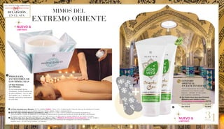 
+
31
NUEVO &
LIMITADO
NUEVO &
LIMITADO
MIMOS DEL
EXTREMO ORIENTE
	LR Vela Himalaya para Masajes: 40172 | 22,90 € 19,90 € | 100 g | 10 a 12 aplicaciones | Cera de vela que se transforma en aceite 	
	 de masaje ligero después de encendida | Aromas: Ámbar caliente, cedro y orquídea blanca.
	Aloe Vera Spa Oriental Bálsamo para Manos y Pies: 20775 | 11,50€ | 100 ml | Extracto de pimienta que estimula la 		
	 microcirculación y facilita la calefacción | Una fragancia oriental dulce y picante que te lleva al mundo de las Mil y una Noches |
	 El bálsamo nutre intensamente, regenera la piel seca del invierno y es ideal para un masaje relajante en las manos y los pies.
	Set Doble Aloe Vera Spa Oriental Bálsamo para Manos y Pies + REGALO LR Calcetines Aconchegantes: 20778 | 19,90€ |
Incluye: 2 x Aloe Vera Spa Oriental Bálsamo para manos y pies y LR calcetines aconchegantes con motivos navideños
(tamaño unico – 35–39) | 98 % Poliéster, 2 % Elastano
	PROGRAMA
ANTI-ESTRÉS DE 	
	 LOS HIMALAYAS
	 LR Vela Himalaya 	
para Masajes
	 En la inmensidad de los 		
	 Himalayas, olvida el estrés de 	
	 la vida cotidiana - con la vela 	
	 de masaje 3 en 1: aceite de 	
	 masaje, perfume e iluminación 	
	 en una vela.
		 CONFORT
ORIENTAL,
EN ESTE INVIERNO
		 Viva la experiencia de un spa
oriental en sus manos y pies.
Además, siéntete en las nubes
con nuestros calcetines.
	 	Set Doble Aloe Vera Spa Oriental
Bálsamo para manos y pies + 		
LR calcetines Aconchegantes 20778	
		 Suma total 	 23,00 €
		 Set SÓLO	 19,90€
Aloe Vera
40%
RELAJACIÓN
EN EL SPA
ALL I WANT FOR CHRISTMAS
 