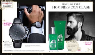 09
ACCESORIOS
CON ESTILO
		 LA FRAGANCIA
DE LA AVENTURA
		 Tu perfume favorito ahora en un
set atractivo. La fragancia cautiva
con una mezcla de lavanda,
menta y habas tonka.
	 	Set Jungle Man 	 3559 	
		 Suma total	 45,80 €
		 Set SÓLO	 33,90€
	Jungle Man-Set: 3559 | 33,90€ | Contiene: Jungle Man Eau de Parfum, 50 ml & Jungle Man champú y gel de baño 2 en 1, 200 ml.
NUEVO &
LIMITADO
	Reloj LR para hombre: 69031 | 149,90 € | Reloj de diseño LR exclusivo con pulsera de cuero genuina | Slim Case (aprox. 40 mm) de acero 	
	 inoxidable | Vidro mineralizado | movimiento Miyota de cuarzo | Resistente hasta 50 m | Con número de serie único | Con caja de regalo
	A TIEMPO 	
PARA LA FIESTA
	 Reloj LR para hombre
	 Clásico con estilo.
	 El reloj actual y elegante
	 para hombres que quieren 	
	 estar a la última moda.
REGALOS PARA
HOMBRES CON CLASE
EN UN SET
LIMITADO
ALL I WANT FOR CHRISTMAS
LR se reserva a hacer cambios técnicos. Las ilustraciones no
corresponden a los tamaños originales. Los colores pueden variar
un poco del original.
 