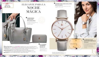 13
COMPAÑERO
ATRACTIVO
	 Bolso LR para señora
	 Un must-have para quien 		
le gusten las nuevas tendencias:
	 El moderno LR con un
exclusivo diseño
	TIEMPO PARA SER ELEGANTE
	 Reloj LR de Señora
	 El relojde moda en color rosegold para señora, 	
	 elegante y última moda.
	ACCESORIO
FAVORITO
	 Monedero LR
	 Este monedero es la 		
	 combinación perfecta 		
	 para el bolso LR.
	 Práctico 	e intemporal.
ELEGANTE PARA LA
NOCHE
MÁGICA
	Bolso LR para señora: 40170 | 109,90 € 99,90 € | Dimensiones: 30 cm x 31cm x 17 cm | Edición exclusiva y 	
	 limitada. Diseño LR en cuero sintético Saffiano de alta calidad | Acabados premium | Emblema de oro LR.
	Monedero LR: 40171 | 54,90 € 49,90 € | 16 ranuras para tarjetas, 2 compartimentos para las notas, 1 monedero | 	
	 Dimensiones: 20 cm x 10,5 cm x 2,3 cm |Edición exclusiva y limitada. | Diseño LR en cuero sintético Saffiano
de alta calidad | Acabados premium | Emblema de oro LR | Incluye caja de regalo.
	Reloj LR de señora: 69030 | 149,90€ | Reloj de diseño exclusivo LR con pulsera de cuero genuina |
	 Slim Case (aprox. 34,3 mm) de acero inoxidable bañado en rose gold | Vidrio mineralizado |
movimiento Miyota de cuarzo | 	Resistente hasta 50 m | Con número de serie único | Con caja de regalo.
	Pseudonym: 3407 | 50 ml | 29,90€ | Eau de Parfum | Fragancia: Floral y frutado.
	UN BOUQUET DE
ESENCIAS FEMENINAS
	 Pseudonym
	 Uno de los top ventas LR completa 	
		tu look elegante y femenino durante
	 la temporada festiva. Una
	 composición de aromas de
	 melocotón, violeta seductora
	 y sándalo.
PIEZAS
DE LUJO
LR se reserva a hacer cambios técnicos. Las
ilustraciones no corresponden a los tamaños originales.
Los colores pueden variar un poco del original.
ALL I WANT FOR CHRISTMAS
 