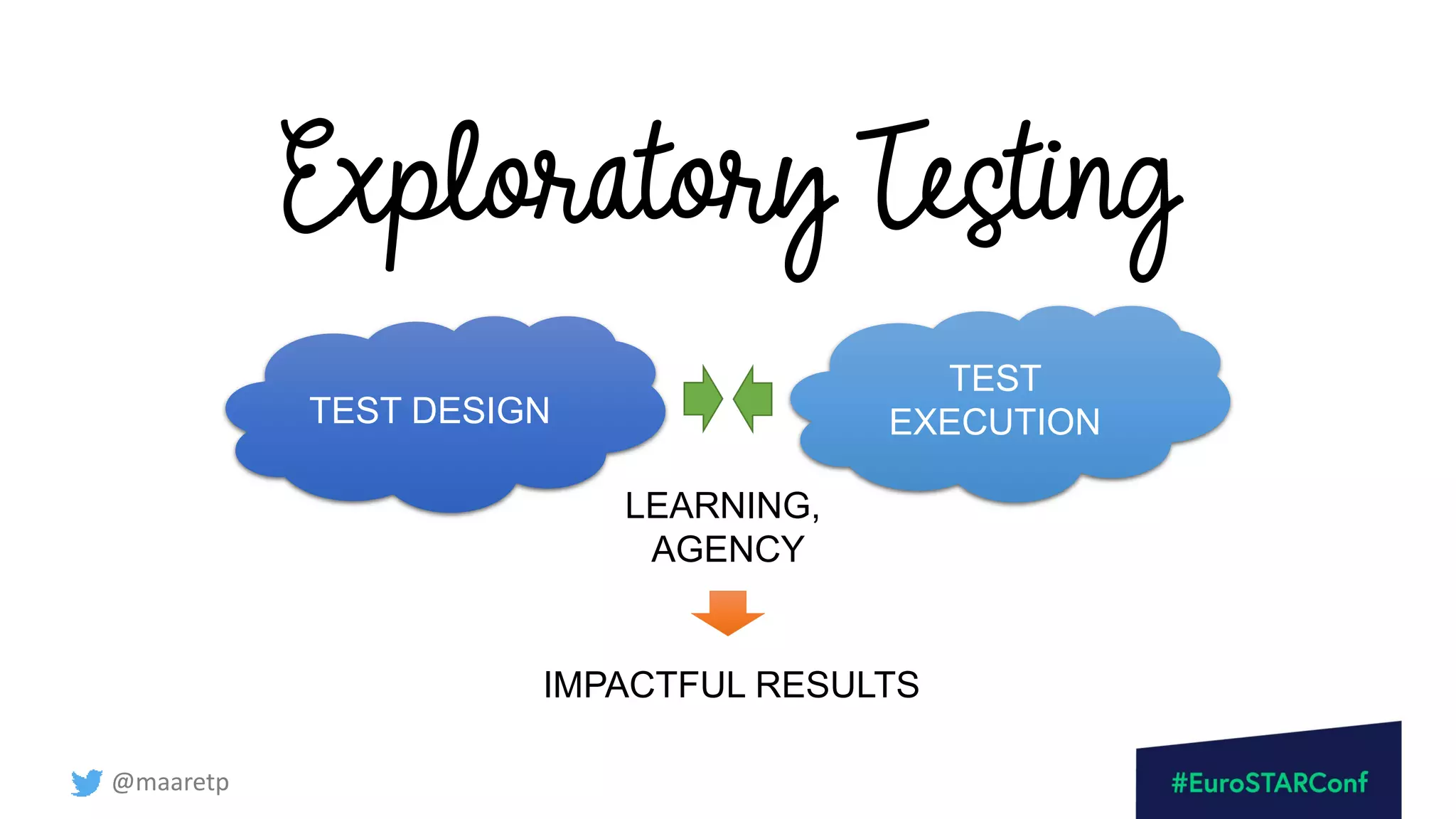 @maaretp
Exploratory Testing
TEST DESIGN
TEST
EXECUTION
LEARNING,
AGENCY
IMPACTFUL RESULTS
 
