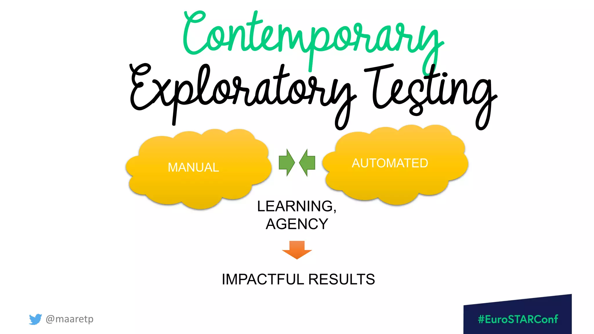 @maaretp
Contemporary
Exploratory Testing
MANUAL AUTOMATED
LEARNING,
AGENCY
IMPACTFUL RESULTS
 
