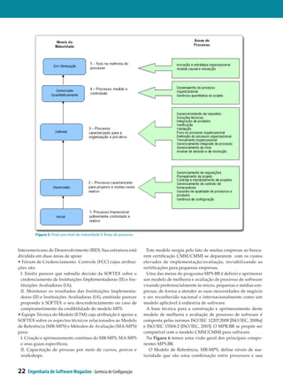 Figura 5. Visão por nível de maturidade X Áreas de processo



Interamericano de Desenvolvimento (BID). Sua estrutura está             Este modelo surgiu pelo fato de muitas empresas ao busca­
dividida em duas áreas de apoio:                                       rem certificação CMM/CMMI se depararem com os custos
• Fórum de Credenciamento Controle (FCC) cujas atribui­                elevados de implementação/avaliação, inviabilizando as
ções são:                                                              certificações para pequenas empresas.
 I. Emitir parecer que subsidie decisão da SOFTEX sobre o               Uma das metas do programa MPS.BR é definir e aprimorar
 credenciamento de Instituições Implementadoras (II) e Ins­            um modelo de melhoria e avaliação de processo de software
 tituições Avaliadoras (IA);                                           visando preferencialmente às micro, pequenas e médias em­
 II. Monitorar os resultados das Instituições Implementa­              presas, de forma a atender as suas necessidades de negócio
 doras (II) e Instituições Avaliadoras (IA), emitindo parecer          e ser reconhecido nacional e internacionalmente como um
 propondo à SOFTEX o seu descredenciamento no caso de                  modelo aplicável à indústria de software.
 comprometimento da credibilidade do modelo MPS.                        A base técnica para a construção e aprimoramento deste
• Equipe Técnica do Modelo (ETM) cuja atribuição é apoiar a            modelo de melhoria e avaliação de processo de software é
SOFTEX sobre os aspectos técnicos relacionados ao Modelo               composta pelas normas ISO/IEC 12207:2008 [ISO/IEC, 2008a]
de Referência (MR-MPS) e Métodos de Avaliação (MA-MPS)                 e ISO/IEC 15504-2 [ISO/IEC, 2003]. O MPR.BR se propõe ser
para:                                                                  compatível com o modelo CMM/CMMI para software.
 I. Criação e aprimoramento contínuo do MR-MPS, MA-MPS                  Na Figura 6 temos uma visão geral dos principais compo­
 e seus guias específicos;                                             nentes MPS.BR.
 II. Capacitação de pessoas por meio de cursos, provas e                  O Modelo de Referência, MR-MPS, define níveis de ma­
 workshops.                                                            turidade que são uma combinação entre processos e sua


22   Engenharia de Software Magazine - Gerência de Configuração
 