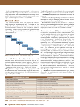 Sendo assim, para que ocorra comunicação e se alcancem os                                              • Projeto: definição da estrutura de dados do sistema, sua arqui­
objetivos desta fase do processo de software, o usuário deve ser                                        tetura, detalhes procedimentais e caracterização da interface;
capaz de expressar suas necessidades numa linguagem que o                                               • Codificação: implementação do sistema em linguagem de
analista de sistemas entenda e o analista de sistemas deve ser                                          máquina;
capaz de externar para o usuário o que entendeu.                                                        • Teste: validação dos aspectos lógicos internos do software,
                                                                                                        bem como dos aspectos funcionais externos, a fim de garantir
O Processo de Software                                                                                  que o sistema atenda as especificidades;
  Para Sommerville (2007, p. 42), “um processo de software                                              • Manutenção: tratamento de erros encontrados e adaptação
é um conjunto de atividades que leva à produção de um                                                   para novas funcionalidades. É importante salientar que a ma­
produto de software”, no entanto, cada vez mais se aplica                                               nutenção de um sistema de informação reaplica cada uma das
o desenvolvimento de software para customizar sistemas                                                  etapas precedentes do ciclo de vida ao sistema existente.
existentes. A Figura 1 ilustra o paradigma do ciclo de vida
clássico da Engenharia de Software, conhecido também por                                                  De acordo com Pressman (2006), uma compreensão completa
“modelo em cascata”.                                                                                    dos requisitos do sistema de informação é fundamental para
                                                                                                        um bem-sucedido desenvolvimento de sistema. Não importa
     Análise
                                                                                                        quão bem projetado ou quão bem codificado seja, o sistema
                                                                                                        mal especificado não atenderá as necessidades do usuário
                    Requisitos                                                                          e trará aborrecimentos e retrabalho ao desenvolvedor. Essa
                                                                                                        constatação torna a etapa de levantamento de requisitos ex­
                                      Projeto                                                           tremamente crítica para o sucesso do processo de software.
                                                                                                          Como o levantamento de requisitos está relacionado com
                                                    Codificação                                         a definição do que o sistema deve fazer, para Sommerville
                                                                                                        (2007), esta etapa pode ser descrita como o processo de
                                                                        Teste                           comunicação entre usuário e analista e, nesse sentido, os
                                                                                                        requisitos podem ser influenciados pelas preferências, recu­
                                                                                   Manutenção           sas e preconceitos dos usuários, além de questões políticas
                                                                                                        e organizacionais. Essas diferenças de entendimento estão
Figura 1. Ciclo de vida clássico - Fonte: Pressman (2006, p. 33)                                        intimamente ligadas ao processo de comunicação, uma vez
                                                                                                        que a etapa de levantamento de requisitos decorre, basica­
 Nessa visão clássica, o desenvolvimento de software se dá                                              mente, da interação entre analista de sistemas e usuário. É
seguindo etapas predefinidas que não iniciam antes do tér­                                              importante salientar que essas preferências, recusas e pre­
mino da etapa anterior, muito embora, na prática, observe-se                                            conceitos podem surgir também por intermédio do próprio
que essas etapas se sobrepõem e trocam informações entre si.                                            analista de sistemas. Se, de um lado, o usuário afirma: “Não
Pressman (2006) conceitua as etapas do ciclo da vida como:                                              era bem isto que eu queria!”, em contrapartida, é muito co­
• Análise: definição dos serviços e objetivos do sistema;                                               mum ouvir um analista de sistemas se queixar: “O usuário
• Requisitos: descrição detalhada em linguagem natural                                                  não sabe o que quer!”.
do que o sistema deve fazer. Definem as funções, serviços e                                               A Tabela 1 lista alguns destes estereótipos mais comuns
restrições operacionais do sistema (deve definir exatamente                                             observados no relacionamento entre desenvolvedores de
o que será implementado);                                                                               sistemas e usuários.

                     Como os desenvolvedores vêem os usuários                                                             Como os usuários vêem os desenvolvedores
Os usuários não sabem o que querem.                                                          Os desenvolvedores não entendem as necessidades operacionais.
Os usuários não conseguem articular o que querem.                                            Os desenvolvedores dão muita ênfase ao aspecto técnico.
Os usuários têm muitas necessidades puramente políticas.                                     Os desenvolvedores tentam nos dizer como fazer nosso trabalho.
Os usuários querem tudo imediatamente.                                                       Os desenvolvedores não conseguem transformar as necessidades em um sistema bem-sucedido.
Os usuários não sabem priorizar as necessidades.                                             Os desenvolvedores dizem não o tempo todo.
Os usuários se recusam a se responsabilizar pelo sistema.                                    Os desenvolvedores estão sempre ultrapassando o orçamento.
Os usuários são incapazes de fornecer uma declaração aproveitável sobre suas necessidades.   Os desenvolvedores estão sempre atrasados.
Os usuários não estão comprometidos com os projetos de desenvolvimento de sistemas.          Os desenvolvedores pedem aos usuários que dediquem seu tempo e esforço, mesmo que em detrimento de
                                                                                             suas responsabilidades principais.
Os usuários não querem se comprometer.                                                       Os desenvolvedores definem padrões não-realistas para a definição de requisitos.
Os usuários não conseguem seguir o cronograma.                                               Os desenvolvedores são incapazes de responder rapidamente a legítimas necessidades de mudança.

Tabela 1. Como usuários e desenvolvedores vêem uns aos outros - Fonte: Pfleeger (2004, p. 142)


40     Engenharia de Software Magazine - A Comunicação no Processo de Software
 