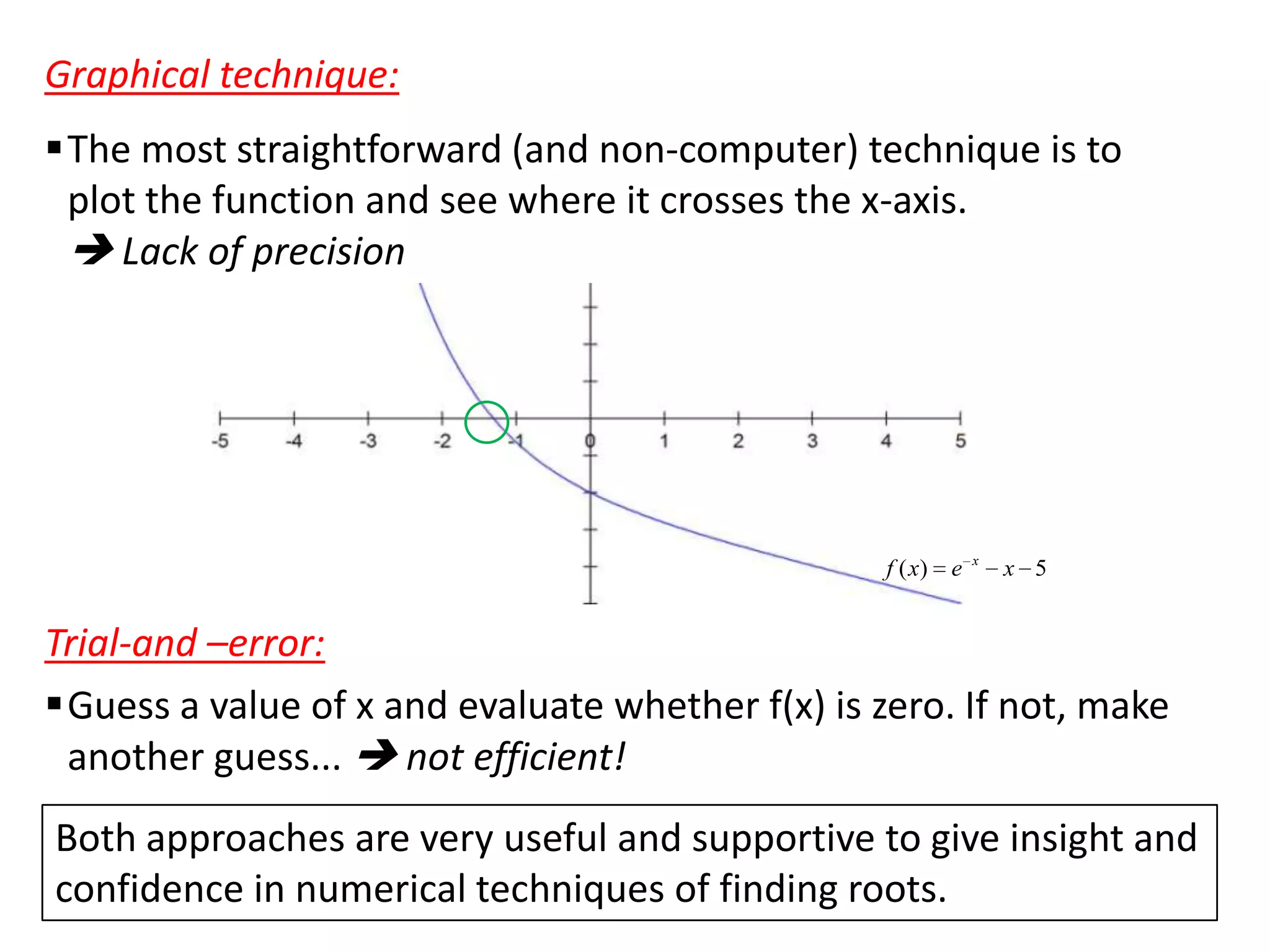 Graphical technique:
The most straightforward (and non-computer) technique is to
plot the function and see where it crosses the x-axis.
 Lack of precision

f ( x)

e

x

x 5

Trial-and –error:
Guess a value of x and evaluate whether f(x) is zero. If not, make
another guess...  not efficient!

Both approaches are very useful and supportive to give insight and
confidence in numerical techniques of finding roots.

 