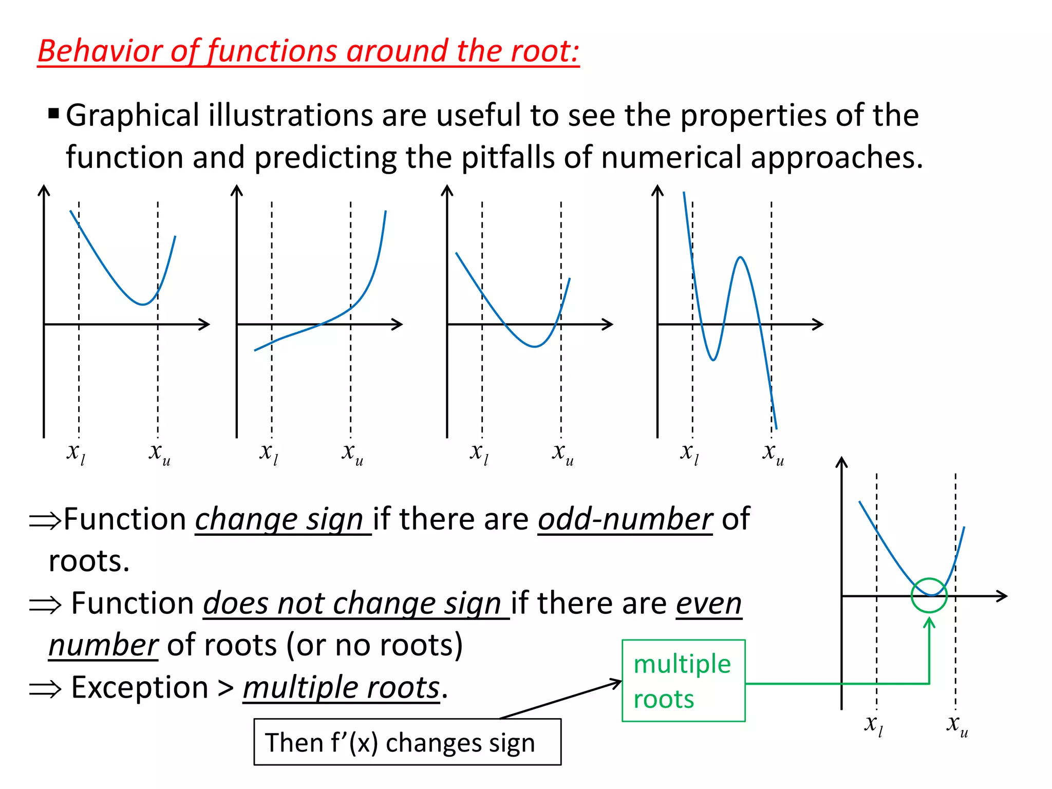 Behavior of functions around the root:
 Graphical illustrations are useful to see the properties of the
function and predicting the pitfalls of numerical approaches.

xl

xu

xl

xu

xl

xu

xl

Function change sign if there are odd-number of
roots.
Function does not change sign if there are even
number of roots (or no roots)
multiple
Exception > multiple roots.
roots
Then f’(x) changes sign

xu

xl

xu

 