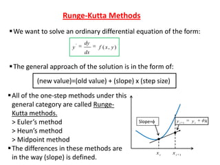 Runge-Kutta Methods
 We want to solve an ordinary differential equation of the form:
y

'

dy

f ( x, y )

dx

 The general approach of the solution is in the form of:
(new value)=(old value) + (slope) x (step size)

 All of the one-step methods under this
general category are called RungeKutta methods.
> Euler’s method
> Heun’s method
> Midpoint method
 The differences in these methods are
in the way (slope) is defined.

Slope=

yi

xi

xi

1

1

yi

h

 