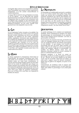 Epées & Sorcellerie
et d’égalité. Mais surtout, la Loi représente la stabilité,
voire l’immobilité, tout comme le Chaos représente le              La Neutralite
changement, à la fois comme renouvellement et
                                                                   La Neutralité est la philosophie qui tend à considérer
comme destruction.
                                                                   la Loi et le Chaos comme deux pôles d’une même
A chaque MJ de choisir le sens qu’il donne à ces mots,             réalité, qui doivent être en perpétuel équilibre. Ses
ou de les ignorer€ : un axe Bien/Mal très tranché                  partisans considèrent que chacun doit tempérer lui-
fonctionnera tout aussi bien, de même qu’une absence               même ses désirs et ses besoins, afin de respecter les
d’alignement dans un monde où les aventuriers sont                 droits et les libertés des autres. Pour eux, la Neutralité
des pillards sans vergogne ou des mercenaires sans                 est le seul bien, car elle concilie Loi et Chaos et
cause. Dans la littérature Sword & Sorcery, l’opposition           tempère leurs excès mutuels. La neutralité correspond
Barbarie/Civilisation, est une autre variante d’ali-               également à la Nature et à ses Cinq éléments€ qui
gnement tout à fait adaptable en jeu de rôle.                      composent le monde : Air, Eau, Éclair, Feu et Terre.


La Loi                                                             Description
La Loi représente l’ordre, la justice et la stabilité. Ses         La partie€ technique de la création est maintenant
partisans considèrent que l’ordre social n’est garanti             terminée. Nous connaissons le peuple et la classe
que par la stricte obéissance aux lois et aux autorités            du personnage, ses caractéristiques et ses capacités.
existantes. Ils préfèrent les lois écrites, clairement             Mais il nous manque encore l’essentiel€: son nom, sa
établies, appliquées strictement mais équitablement.               personnalité, son histoire.
Ils se méfient du changement, de l’innovation, de tout             C’est au joueur de proposer tout cela, en fonction du
ce qui s’écarte de la norme ou des coutumes existantes.            cadre de campagne proposé par le MJ et en accord
Ils considèrent que l’autorité et la Loi sont les                  avec lui. Inutile de prévoir une histoire extravagante
meilleures garanties du bien-être et de la préservation            ou très détaillée€ : ce qui compte, c’est l’avenir du
de la société et que l’autorité a tout pouvoir, en toute           personnage plus que son passé. Mais connaître son
matière, pour régler les problèmes. Pour eux, la Loi est           milieu social et son métier ou celui de ses parents,
le seul bien, car il garantit la justice pour tous et la           définir par quelques adjectifs sa personnalité, ses
conservation de la société.                                        qualités, ses défauts (amical, avare, etc.), son
                                                                   apparence physique, permet de savoir comment le
                                                                   jouer au commencement de la partie.
Le Chaos                                                           Quelques questions à se poser en créant un
                                                                   personnage: quelle est sa taille, son poids? La couleur
Le Chaos représente le changement, l’innovation et                 de ses cheveux, de ses yeux? Quelle est son statut
l’individualité. Ses partisans considèrent que l’indi-             social, celui de sa famille ? Quel était son métier, ou
vidu prime sur la société, que la réalisation de son               celui qu’il a appris, avant de devenir aventurier?
bonheur prime sur toute autre considération, et                    Quels sont ses goûts et ses dégoûts, ses peurs et ses
souvent, que leur propre bonheur prime sur tout autre              faiblesses?
point de vue moral. Ils préférèrent que chaque cas,
chaque situation soit examinée selon les circonstances             Généralement, de nombreux traits et aspects sont
et les personnes plutôt que selon une norme stricte. Ils           ajoutés au fur et à mesure du jeu. Le nom choisi lui-
font confiance à l’initiative individuelle plus qu’à tout          même doit refléter le personnage et son arrière-plan
autre chose pour régler les questions importantes.                 culturel.
Pour eux, le Chaos est le seul bien, car il garantit le
bonheur de chacun.




                                                              13
 