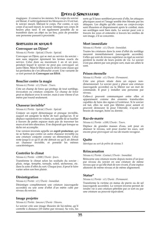 Epées & Sorcellerie
magiques€: il conserve les siennes. Si le corps du sorcier       sorts qu’il lance semblent provenir d’elle, les attaques
est blessé, il subit également les blessures et s’il est tué,    physiques aussi et l’image semble être blessée par les
le sorcier meurt, libérant le corps. Par contre, si son          attaques. Les dégâts qu’elle cause au corps-à-corps
corps d’accueil meurt, le sorcier réintègre son corps 24         sont illusoires et disparaissent après le combat, mais
heures plus tard. Il est également possible de se                ses sortilèges sont bien réels. Le sorcier peut voir à
transférer dans un objet ou un lieu, puis de posséder            travers les yeux et entendre à travers les oreilles de
une personne passant à proximité.                                son image, s’il se concentre.


Sortileges de niveau 6                                           Mort immédiate
Convoquer un Djinn*                                              Niveau 6 / Portée€: x1 / Durée€: Immédiat.
Niveau 6 / Portée€: Spécial / Durée€: Spécial.                   Toutes les créatures dans la zone d’effet du sortilège
                                                                 meurent immédiatement (sauvegarde accordée).
Convoque un Djinn, qui se met au service du sorcier –            Celles qui sont de niveau supérieur ou égal au sorcier
non sans négocier âprement les termes exacts du                  perdent la moitié de leurs points de vie. Le sorcier
service. Celui dure au maximum 1 an et un jour,                  n’est pas atteint par son propre sort, mais ses alliés le
pendant lequel le sorcier ne peut pas convoquer un               sont.
autre Djinn. Mais le Djinn aura le droit à une clause qui
lui permettra de s’en affranchir avant. Une variante de
ce sort permet de Convoquer un Effrit.                           Prison éternelle
                                                                 Niveau 6 / Portée€: x1 / Durée€: Permanent.
Bouclier contre la magie                                         Crée une prison située dans un espace non-
Niveau 6 / Portée€: x1 / Durée€: Tours.                          dimensionnel. Le sorcier peut y placer une créature
                                                                 (sauvegarde accordée) ou la libérer sur un mot de
Crée un champ de force qui protège de tout sortilège,            commande. Il peut y installer une personne par
invocation ou créature conjurée. Ce champ de force               niveau.
peut se déplacer avec le sorcier, mais à une vitesse d’un
mètre par round seulement.                                       Celles-ci peuvent communiquer entre elles et
                                                                 apparaissent comme des ennemis translucides
                                                                 capables de faire des signes à l‘extérieur. Si le sorcier
Chasseur invisible*                                              est tué, elles ne sont pas libérées pour autant et
                                                                 peuvent demeurer là pour l’éternité, n’ayant nul
Niveau 6 / Portée€: Spécial / Durée€: Spécial.
                                                                 besoin de manger, boire ou dormir.
Conjure un esprit démoniaque et presque invisible,
auquel est assignée la tâche de tuer quelqu’un. Il se
déplace rapidement en volant, est capable de se faufiler         Raz-de-marée
à travers de petits espaces mais pas de traverser les            Niveau 6 / Portée€: x100 / Durée€: Tours.
murs et est très silencieux. Il ne disparaît que lorsque sa
tâche est accomplie.                                             Déplace de grandes masses d’eau, soit pour en
                                                                 abaisser le niveau, soit pour écarter les eaux, soit
Une version inversée appelle un esprit protecteur, qui           encore pour provoquer un raz-de-marée ravageur.
ne se battra que contre un autre chasseur invisible ou
une créature conjurée comme un élémentaire. Celui
reste jusqu’à ce qu’il ait été détruit ou qu’il ait détruit      Quête
un chasseur invisible, et possède les mêmes                      Identique au sort de prêtre de niveau 5
caractéristiques.

                                                                 Réincarnation
Contrôler le climat
                                                                 Niveau 6 / Portée€: Contact / Durée€: Immédiat.
Niveau 6 / Portée€: x1000 / Durée€: Jours.
                                                                 Réincarne une créature morte depuis moins d’un jour
Transforme le climat selon les souhaits du sorcier€ :            par niveau du sorcier en une créature de même
pluie, neige, tempête, tornade, soleil, sécheresse, etc.         niveau que ce qu’elle était de son vivant, d’une espèce
dans la zone d’effet du sort. Chaque jour, il peut le faire      aléatoire de même niveau et de même alignement.
varier selon son bon plaisir.

                                                                 Statue*
Désintégration
                                                                 Niveau 6 / Portée€: x1 / Durée€: Permanent.
Niveau 6 / Portée€: x1 / Durée€: Immédiat.
                                                                 Transforme la victime en statue de pierre ou de sel
Désintègre complètement une créature (sauvegarde                 (sauvegarde accordée). La version inverse permet de
accordée) ou une zone d’effet d’un mètre cube par                rendre vie à une créature pétrifiée par ce sort ou par
niveau du sorcier.                                               une créature au pouvoir équivalent.

Image projetée
Niveau 6 / Portée€: lanceur / Durée€: Heures.
Le sorcier crée une image illusoire de lui-même, qu’il
contrôle à distance (10 mètre par niveau). Sa voix, les

                                                            35
 