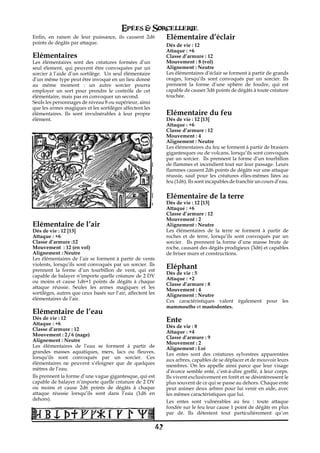 Epées & Sorcellerie
Enfin, en raison de leur puissance, ils causent 2d6               Elémentaire d’éclair
points de dégâts par attaque.                                     Dés de vie€: 12
                                                                  Attaque : +6
Elémentaires                                                      Classe d’armure€: 12
Les élémentaires sont des créatures formées d’un                  Mouvement€: 8 (vol)
seul élement, qui peuvent être convoquées par un                  Alignement€: Neutre
sorcier à l’aide d’un sortilège. Un seul élémentaire              Les élémentaires d’éclair se forment à partir de grands
d’un même type peut être invoqué en un lieu donné                 orages, lorsqu’ils sont convoqués par un sorcier. Ils
au même moment€ : un autre sorcier pourra                         prennent la forme d’une sphère de foudre, qui est
employer un sort pour prendre le contrôle de cet                  capable de causer 3d6 points de dégâts à toute créature
élémentaire, mais pas en convoquer un second.                     touchée.
Seuls les personnages de niveau 8 ou supérieur, ainsi
que les armes magiques et les sortilèges affectent les
élémentaires. Ils sont invulnérables à leur propre                Elémentaire du feu
élément.                                                          Dés de vie€: 12 [13]
                                                                  Attaque : +6
                                                                  Classe d’armure€: 12
                                                                  Mouvement€: 4
                                                                  Alignement€: Neutre
                                                                  Les élémentaires du feu se forment à partir de brasiers
                                                                  gigantesques ou de volcans, lorsqu’ils sont convoqués
                                                                  par un sorcier. Ils prennent la forme d’un tourbillon
                                                                  de flammes et incendient tout sur leur passage. Leurs
                                                                  flammes causent 2d6 points de dégâts sur une attaque
                                                                  réussie, sauf pour les créatures elles-mêmes liées au
                                                                  feu (1d6). Ils sont incapables de franchir un cours d’eau.


                                                                  Elémentaire de la terre
                                                                  Dés de vie€: 12 [13]
                                                                  Attaque : +6
                                                                  Classe d’armure€: 12
                                                                  Mouvement€: 2
Elémentaire de l’air                                              Alignement€: Neutre
Dés de vie€: 12 [13]                                              Les élémentaires de la terre se forment à partir de
Attaque : +6                                                      roches et de terre, lorsqu’ils sont convoqués par un
Classe d’armure€:12                                               sorcier. Ils prennent la forme d’une masse brute de
Mouvement€ : 12 (en vol)                                          roche, causant des dégâts prodigieux (3d6) et capables
Alignement€: Neutre                                               de briser murs et constructions.
Les élémentaires de l’air se forment à partir de vents
violents, lorsqu’ils sont convoqués par un sorcier. Ils
prennent la forme d’un tourbillon de vent, qui est
                                                                  Eléphant
                                                                  Dés de vie€: 5
capable de balayer n’importe quelle créature de 2 DV
                                                                  Attaque : +2
ou moins et cause 1d6+1 points de dégâts à chaque
                                                                  Classe d’armure€: 8
attaque réussie. Seules les armes magiques et les                 Mouvement€: 4
sortilèges, autres que ceux basés sur l’air, affectent les        Alignement€: Neutre
élémentaires de l’air.                                            Ces caractéristiques valent également pour les
                                                                  mammouths et mastodontes.
Elémentaire de l’eau
Dés de vie€: 12                                                   Ente
Attaque : +6
                                                                  Dés de vie€: 8
Classe d’armure€: 12
                                                                  Attaque : +4
Mouvement€: 2 / 6 (nage)
                                                                  Classe d’armure€: 9
Alignement€: Neutre
                                                                  Mouvement€: 2
Les élémentaires de l’eau se forment à partir de                  Alignement€: Loi
grandes masses aquatiques, mers, lacs ou fleuves,                 Les entes sont des créatures sylvestres apparentées
lorsqu’ils sont convoqués par un sorcier. Ces                     aux arbres, capables de se déplacer et de mouvoir leurs
élémentaires ne peuvent s’éloigner que de quelques                membres. On les appelle ainsi parce que leur visage
mètres de l’eau.                                                  d’écorce semble enté, c’est-à-dire greffé, à leur corps.
Ils prennent la forme d’une vague gigantesque, qui est            Ils vivent exclusivement en forêt et se désintéressent le
capable de balayer n’importe quelle créature de 2 DV              plus souvent de ce qui se passe au dehors. Chaque ente
ou moins et cause 2d6 points de dégâts à chaque                   peut animer deux arbres pour lui venir en aide, avec
attaque réussie lorsqu’ils sont dans l’eau (1d6 en                les mêmes caractéristiques que lui.
dehors).                                                          Les entes sont vulnérables au feu€ : toute attaque
                                                                  fondée sur le feu leur cause 1 point de dégâts en plus
                                                                  par dé. Ils détestent tout particulièrement qu’on

                                                             42
 