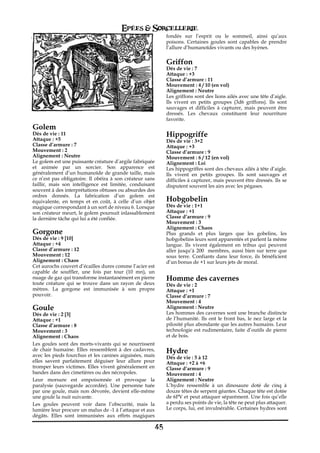 Epées & Sorcellerie
                                                               fondés sur l’esprit ou le sommeil, ainsi qu’aux
                                                               poisons. Certaines goules sont capables de prendre
                                                               l’allure d’humanoïdes vivants ou des hyènes.

                                                               Griffon
                                                               Dés de vie€: 7
                                                               Attaque : +3
                                                               Classe d’armure€: 11
                                                               Mouvement€: 4 / 10 (en vol)
                                                               Alignement€: Neutre
                                                               Les griffons sont des lions ailés avec une tête d’aigle.
                                                               Ils vivent en petits groupes (3d6 griffons). Ils sont
                                                               sauvages et difficiles à capturer, mais peuvent être
                                                               dressés. Les chevaux constituent leur nourriture
                                                               favorite.
Golem
Dés de vie€: 11                                                Hippogriffe
Attaque : +5                                                   Dés de vie€: 3+2
Classe d’armure€: 7                                            Attaque : +3
Mouvement€: 2                                                  Classe d’armure€: 9
Alignement€: Neutre                                            Mouvement€: 6 / 12 (en vol)
Le golem est une puissante créature d’argile fabriquée         Alignement€: Loi
et animée par un sorcier. Son apparence est                    Les hippogriffes sont des chevaux ailés à tête d’aigle.
généralement d’un humanoïde de grande taille, mais             Ils vivent en petits groupes. Ils sont sauvages et
ce n’est pas obligatoire. Il obéira à son créateur sans        difficiles à capturer, mais peuvent être dressés. Ils se
faillir, mais son intelligence est limitée, conduisant         disputent souvent les airs avec les pégases.
souvent à des interprétations obtuses ou absurdes des
ordres donnés. La fabrication d’un golem est
équivalente, en temps et en coût, à celle d’un objet           Hobgobelin
magique correspondant à un sort de niveau 6. Lorsque           Dés de vie€: 1+1
son créateur meurt, le golem poursuit inlassablement           Attaque : +1
la dernière tâche qui lui a été confiée.                       Classe d’armure€: 9
                                                               Mouvement€: 3
                                                               Alignement€: Chaos
Gorgone                                                        Plus grands et plus larges que les gobelins, les
Dés de vie€: 9 [10]                                            hobgobelins leurs sont apparentés et parlent la même
Attaque : +4                                                   langue. Ils vivent également en tribus qui peuvent
Classe d’armure€: 12                                           aller jusqu’à 200 membres, aussi bien sur terre que
Mouvement€: 12                                                 sous terre. Confiants dans leur force, ils bénéficient
Alignement€: Chaos                                             d’un bonus de +1 sur leurs jets de moral.
Cet aurochs couvert d’écailles dures comme l’acier est
capable de souffler, une fois par tour (10 mn), un
nuage de gaz qui transforme instantanément en pierre           Homme des cavernes
toute créature qui se trouve dans un rayon de deux             Dés de vie€: 2
mètres. La gorgone est immunisée à son propre                  Attaque : +1
pouvoir.                                                       Classe d’armure€: 7
                                                               Mouvement€: 4
Goule                                                          Alignement€: Neutre
Dés de vie€: 2 [3]                                             Les hommes des cavernes sont une branche distincte
Attaque : +1                                                   de l’humanité. Ils ont le front bas, le nez large et la
Classe d’armure€: 8                                            pilosité plus abondante que les autres humains. Leur
Mouvement€: 3                                                  technologie est rudimentaire, faite d’outils de pierre
Alignement€: Chaos                                             et de bois.
Les goules sont des morts-vivants qui se nourrissent
de chair humaine. Elles ressemblent à des cadavres,            Hydre
avec les pieds fourchus et les canines aiguisées, mais         Dés de vie€: 5 à 12
elles savent parfaitement déguiser leur allure pour            Attaque : +2 à +6
tromper leurs victimes. Elles vivent généralement en           Classe d’armure€: 9
bandes dans des cimetières ou des nécropoles.                  Mouvement€: 4
Leur morsure est empoisonnée et provoque la                    Alignement€: Neutre
paralysie (sauvegarde accordée). Une personne tuée             L’hydre ressemble à un dinosaure doté de cinq à
par une goule, mais non dévorée, devient elle-même             douze têtes de serpent géantes. Chaque tête est dotée
une goule la nuit suivante.                                    de 6PV et peut attaquer séparément. Une fois qu’elle
Les goules peuvent voir dans l’obscurité, mais la              a perdu ses points de vie, la tête ne peut plus attaquer.
lumière leur procure un malus de -1 à l’attaque et aux         Le corps, lui, est invulnérable. Certaines hydres sont
dégâts. Elles sont immunisées aux effets magiques

                                                          45
 
