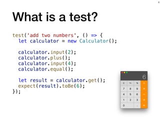 What is a test?
test('add two numbers', () => {
let calculator = new Calculator();
calculator.input(2);
calculator.plus();
calculator.input(4);
calculator.equal();
let result = calculator.get();
expect(result).toBe(6);
});
4
 