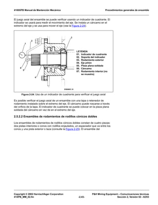 4100XPB Manual de Mantención Mecánica Procedimientos generales de ensamble
Copyright © 2002 Harnischfeger Corporation P&H Mining Equipment – Comunicaciones técnicas
41XPB_MM_02.fm -2.43- Sección 2, Versión 02 - 02/03
El juego axial del ensamble se puede verificar usando un indicador de cuadrante. El
indicador se usará para medir el movimiento del eje. Se instala un cáncamo en el
extremo del eje y se usa para mover el eje (vea la Figura 2-24).
Es posible verificar el juego axial de un ensamble con una tapa o retenedor de
rodamiento instalado sobre el extremo del eje. El cáncamo puede roscarse a través
del orificio de la tapa. El indicador de cuadrante se puede colocar en la pieza plana
soldada del cáncamo en vez de en el extremo del eje.
2.5.2.2 Ensambles de rodamientos de rodillos cónicos dobles
Los ensambles de rodamientos de rodillos cónicos dobles constan de cuatro piezas:
dos pistas interiores o conos con rodillos enjaulados, un espaciador que va entre los
conos y una pista exterior o taza (consulte la Figura 2-25). El ensamble del
Figura 2-24: Uso de un indicador de cuadrante para verificar el juego axial
ES0065f_01
1
2
3
4
5
6
LEYENDA
01. Indicador de cuadrante
02. Soporte del indicador
03. Rodamiento exterior
04. Eje piñón
05. Pieza plana soldada
06. Cáncamo
07. Rodamiento interior (no
se muestra)
 