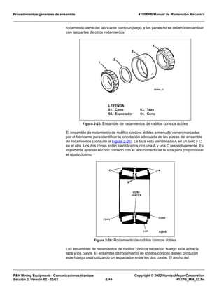 Procedimientos generales de ensamble 4100XPB Manual de Mantención Mecánica
P&H Mining Equipment – Comunicaciones técnicas Copyright © 2002 Harnischfeger Corporation
Sección 2, Versión 02 - 02/03 -2.44- 41XPB_MM_02.fm
rodamiento viene del fabricante como un juego, y las partes no se deben intercambiar
con las partes de otros rodamientos.
El ensamble de rodamiento de rodillos cónicos dobles a menudo vienen marcados
por el fabricante para identificar la orientación adecuada de las piezas del ensamble
de rodamientos (consulte la Figura 2-26). La taza está identificada A en un lado y C
en el otro. Los dos conos están identificados con una A y una C respectivamente. Es
importante aparear el cono correcto con el lado correcto de la taza para proporcionar
el ajuste óptimo.
Los ensambles de rodamientos de rodillos cónicos necesitan huelgo axial entre la
taza y los conos. El ensamble de rodamiento de rodillos cónicos dobles producen
este huelgo axial utilizando un espaciador entre los dos conos. El ancho del
Figura 2-25: Ensamble de rodamientos de rodillos cónicos dobles
Figura 2-26: Rodamiento de rodillos cónicos dobles
LEYENDA
01. Cono
02. Espaciador
03. Taza
04. Cono
 