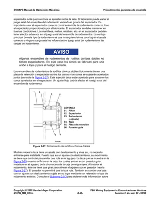 4100XPB Manual de Mantención Mecánica Procedimientos generales de ensamble
Copyright © 2002 Harnischfeger Corporation P&H Mining Equipment – Comunicaciones técnicas
41XPB_MM_02.fm -2.45- Sección 2, Versión 02 - 02/03
espaciador evita que los conos se aplasten sobre la taza. El fabricante puede variar el
juego axial del ensamble del rodamiento variando el grosor del espaciador. Es
importante usar el espaciador correcto con el ensamble de rodamiento correcto. Use
el espaciador proporcionado por el fabricante. El espaciador se debe mantener en
buenas condiciones. Los martilleos, mellas, rebabas, etc. en el espaciador podrían
tener efectos adversos en el juego axial del ensamble de rodamientos. La ventaja
principal de este tipo de rodamiento es que no requiere lainas para lograr el ajuste
correcto y ninguna carga axial no influenciará el juego axial del rodamiento ni las
cargas del rodamiento.
AVISO
Algunos ensambles de rodamientos de rodillos cónicos dobles no
tienen espaciadores. En este caso los conos se fabrican para una
unión a tope y para el huelgo correcto.
Los ensambles de rodamientos de rodillos cónicos dobles típicamente tienen una
placa de retención o espaciador contra los conos y los conos se sujetarán apretados
juntos (consulte la Figura 2-27). Esta sujeción debe estar apretada para sostener los
conos apretados en el espaciador. Un ajuste flojo podría afectar el huelgo axial del
ensamble de rodamiento.
Muchas veces la taza tiene un ajuste con deslizamiento y si es así, no necesita
enfriarse para instalarla. Puesto que es un ajuste con deslizamiento, su movimiento
se tiene que controlar para evitar que rote en el agujero. La taza que se muestra en la
Figura 2-25 muestra orificios en la taza, los cuales entran en un pasador guía
instalado en el agujero de la chumacera de la caja de engranajes. Al instalar el
rodamiento, éste se tiene que girar para alinear el agujero con el pasador (vea la
Figura 2-27). El pasador no permitirá que la taza rote. También es común una taza
con un ajuste con deslizamiento sujeta en su lugar mediante un retenedor o tapa de
rodamiento exterior. Consulte el Subtema 2.9.3 para obtener más información sobre
Figura 2-27: Rodamiento de rodillos cónicos dobles
TC0135e
1 2
3 4
56
LEYENDA
01. Piñón
02. Espaciador
03. Rodamiento
(cojinete)
04. Tapa
05. Placa de retención
06. Pasador guía
 