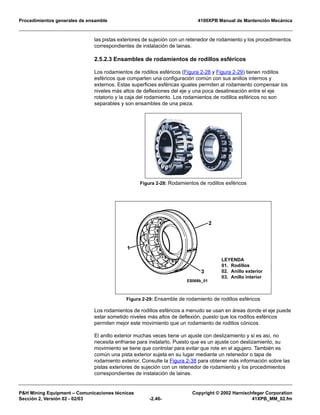 Procedimientos generales de ensamble 4100XPB Manual de Mantención Mecánica
P&H Mining Equipment – Comunicaciones técnicas Copyright © 2002 Harnischfeger Corporation
Sección 2, Versión 02 - 02/03 -2.46- 41XPB_MM_02.fm
las pistas exteriores de sujeción con un retenedor de rodamiento y los procedimientos
correspondientes de instalación de lainas.
2.5.2.3 Ensambles de rodamientos de rodillos esféricos
Los rodamientos de rodillos esféricos (Figura 2-28 y Figura 2-29) tienen rodillos
esféricos que comparten una configuración común con sus anillos internos y
externos. Estas superficies esféricas iguales permiten al rodamiento compensar los
niveles más altos de deflexiones del eje y una poca desalineación entre el eje
rotatorio y la caja del rodamiento. Los rodamientos de rodillos esféricos no son
separables y son ensambles de una pieza.
Los rodamientos de rodillos esféricos a menudo se usan en áreas donde el eje puede
estar sometido niveles más altos de deflexión, puesto que los rodillos esféricos
permiten mejor este movimiento que un rodamiento de rodillos cónicos.
El anillo exterior muchas veces tiene un ajuste con deslizamiento y si es así, no
necesita enfriarse para instalarlo. Puesto que es un ajuste con deslizamiento, su
movimiento se tiene que controlar para evitar que rote en el agujero. También es
común una pista exterior sujeta en su lugar mediante un retenedor o tapa de
rodamiento exterior. Consulte la Figura 2-38 para obtener más información sobre las
pistas exteriores de sujeción con un retenedor de rodamiento y los procedimientos
correspondientes de instalación de lainas.
Figura 2-28: Rodamientos de rodillos esféricos
Figura 2-29: Ensamble de rodamiento de rodillos esféricos
LEYENDA
01. Rodillos
02. Anillo exterior
03. Anillo interior
 