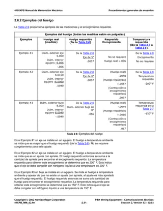 4100XPB Manual de Mantención Mecánica Procedimientos generales de ensamble
Copyright © 2002 Harnischfeger Corporation P&H Mining Equipment – Comunicaciones técnicas
41XPB_MM_02.fm -2.51- Sección 2, Versión 02 - 02/03
2.6.2 Ejemplos del huelgo
La Tabla 2-9 proporciona ejemplos de las mediciones y el encogimiento requerido.
En el Ejemplo #1 un eje se instala en un agujero. El huelgo a temperatura ambiente
se mide que es mayor que el huelgo requerido (de la Tabla 2-6). No se requiere
congelamiento para este ajuste.
En el Ejemplo #2 un eje se instala en un agujero. El huelgo a temperatura ambiente
se mide que es un ajuste con apriete. El huelgo requerido entonces se suma a la
cantidad de apriete para encontrar el encogimiento requerido. La temperatura
requerida para obtener este encogimiento se determina que es 200° F. Esto indica
que el eje se debe congelar con nitrógeno líquido a una temperatura de 200° F.
En el Ejemplo #3 un buje se instala en un agujero. Se mide el huelgo a temperatura
ambiente y apesar de que no existe un ajuste con apriete, el ajuste es más apretado
que el huelgo requerido. El huelgo requerido entonces se suma a la cantidad de
huelgo para encontrar el encogimiento requerido. La temperatura requerida para
obtener este encogimiento se determina que es 150° F. Esto indica que el eje se
debe congelar con nitrógeno líquido a una temperatura de 150° F.
Ejemplos del huelgo (todas las medidas están en pulgadas)
Ejemplos Huelgo real
(medido)
Huelgo requerido
(De la Tabla 2-6)
Requerido
Encogimiento
Temperatura
requerida
(De la Tabla 2-7 o
Tabla 2-8)
Ejemplo #1 Diám. exterior eje
5.000
Diám. interior
agujero -5.006
-.006
De la Tabla 2-6
Eje de 5"
.0057
No se requiere
Huelgo real =.006
De la Tabla 2-8
Encogimiento
No se requiere
Ejemplo #2 Diám. exterior eje
6.0100
Diám. interior
agujero -6.0060
.0040
De la Tabla 2-6
Eje de 6"
.0057
(Huelgo real)
.0040
(Huelgo requerido)
+.0057
(Contracción o
encogimiento
requerido)
.0097
De la Tabla 2-8
Temperatura
requerida
-200o F
Ejemplo #3 Diám. exterior buje
8.000
Diám. interior
agujero 8.0049
-.0049
De la Tabla 2-6
Diám. exterior buje de
8"
.066
(Huelgo real)
-.0049
(Huelgo requerido)
+.0066
(Contracción o
encogimiento
requerido)
.017
Temperatura
requerida de la
Tabla 2-7
-150o
F
Tabla 2-9: Ejemplos del huelgo
 